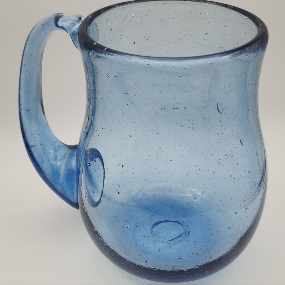 Hand Blown Blue Bubble Glass Mug  Seeded Glass Coffee Cup With Pontil Mark 5" - Picture 3 of 5